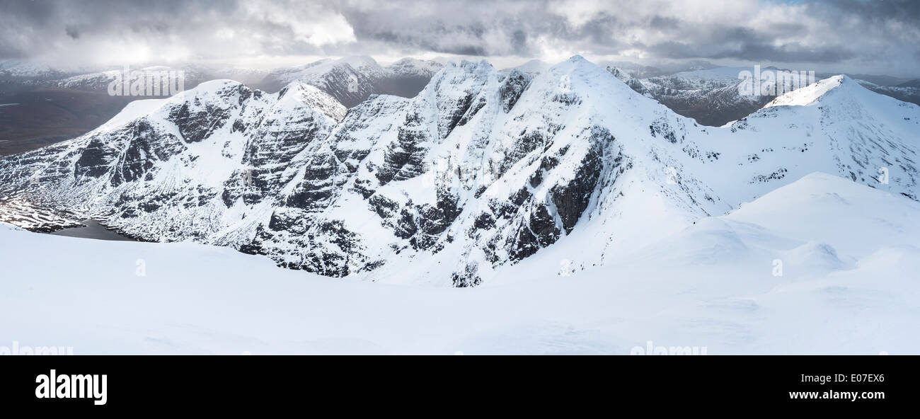 Winter panorama of snow covered An Teallach, Wester Ross, one of the finest mountains in Scotland Stock Photo