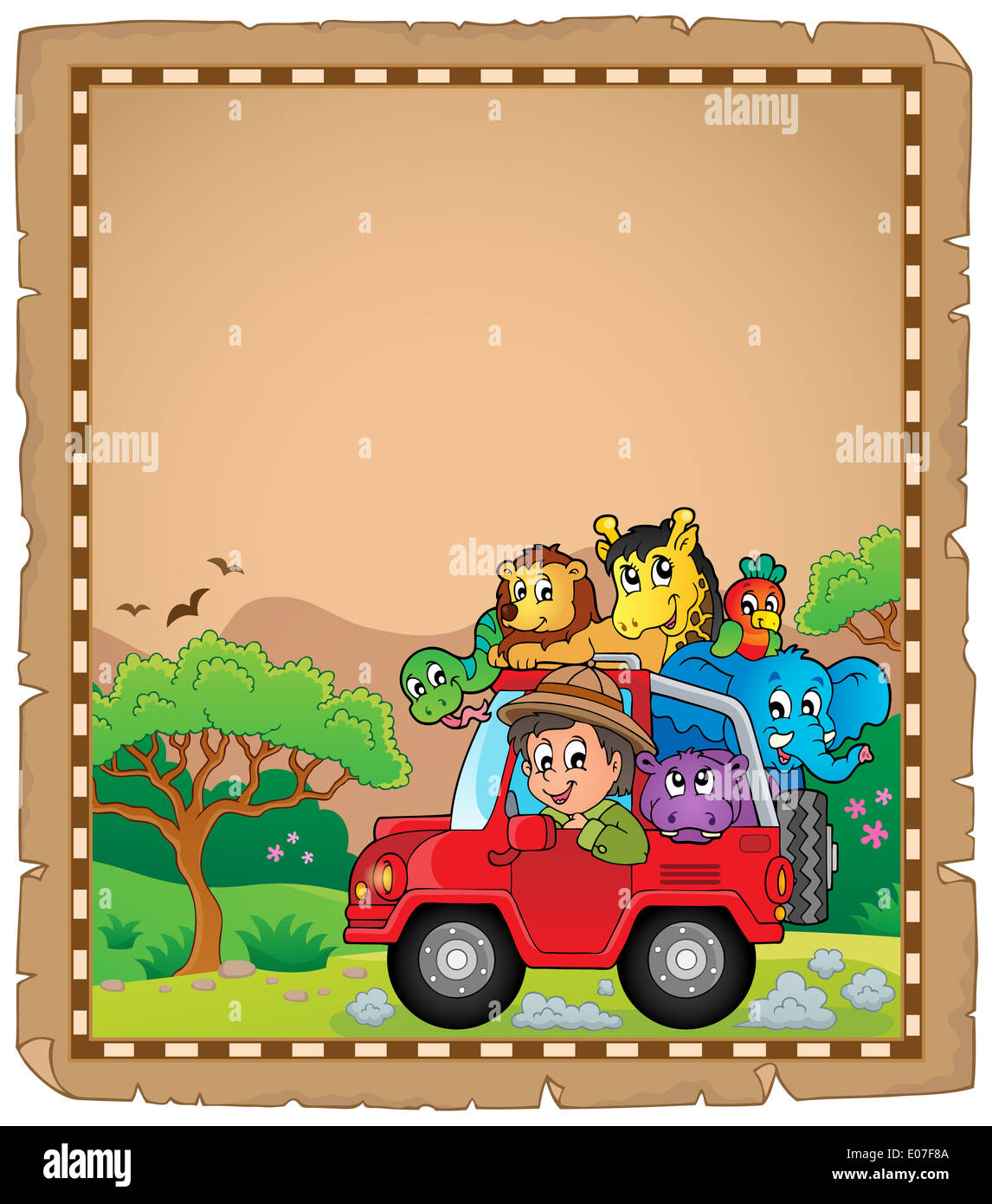 Parchment with car and traveller 3 picture illustration Stock Photo Alamy