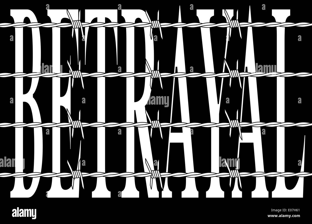 The word BETRAYAL behind a barbed wire fence over a black background Stock Photo