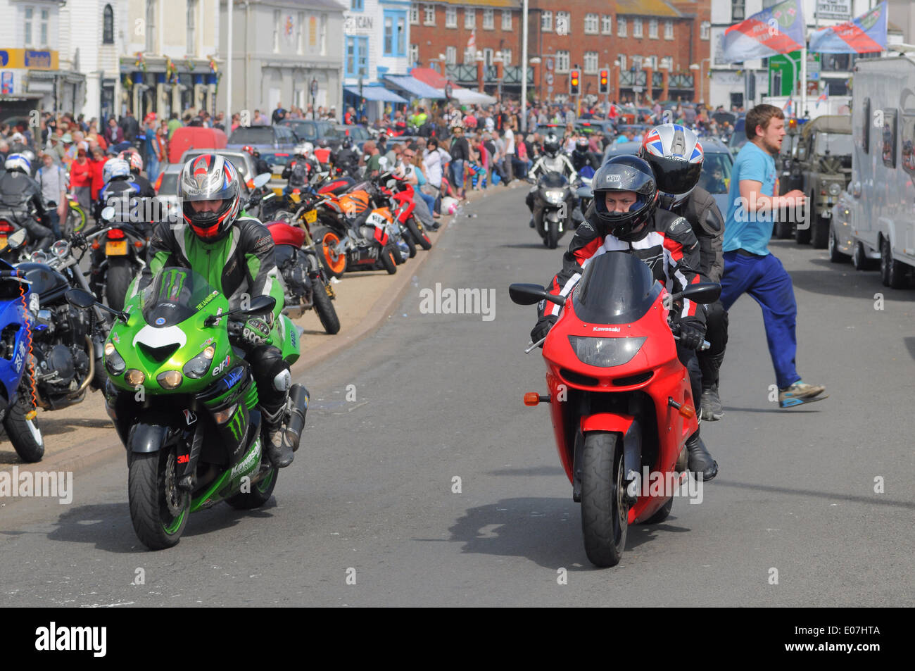 Hastings, East Sussex, UK.5 May 2014.Bike 1066 and Jack in the Green on a glorious Spring day on the East Sussex Coast. Thousands of bikers descended on Hastings to join the traditional Jack in the Green celebrations. . Stock Photo