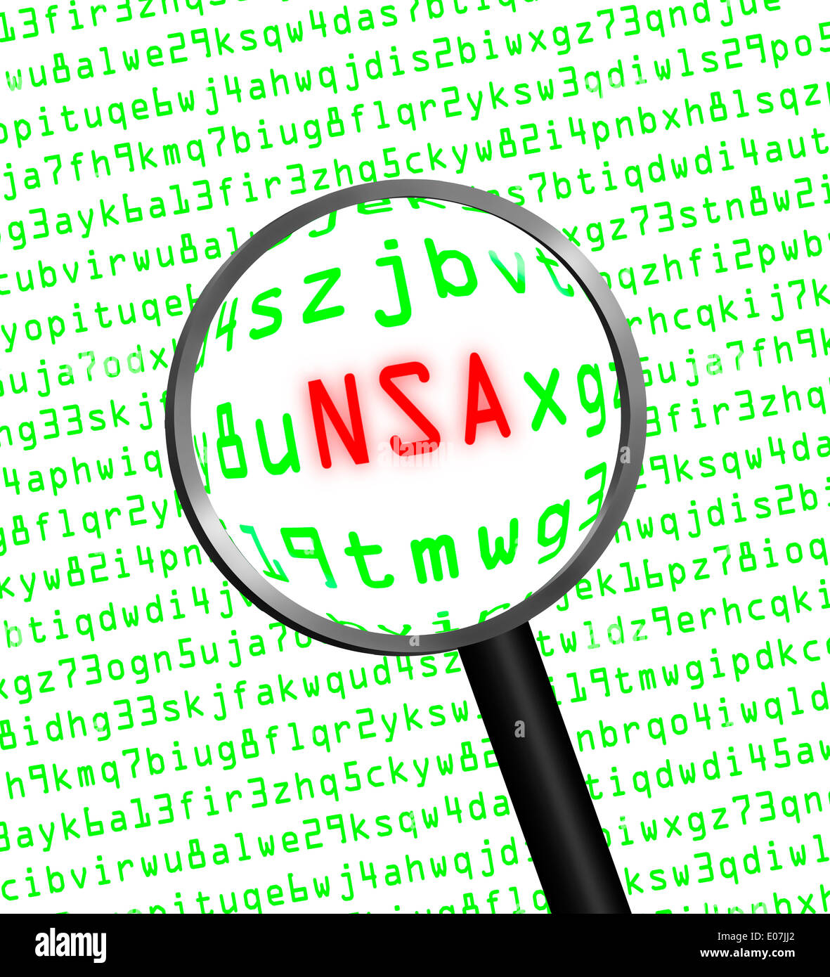 'NSA' in red letter revealed in green computer machine code through a magnifying glass. White background. Stock Photo