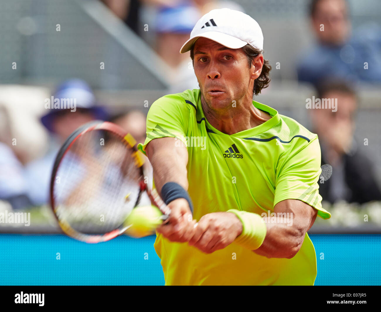 Madrid, Spain. 05th May, 2014. Fernando Verdasco of Spain plays a double handed backhand during the game with Andreas Seppi of Italy on day 2 of the Madrid Open from La Caja Magica. Credit:  Action Plus Sports/Alamy Live News Stock Photo