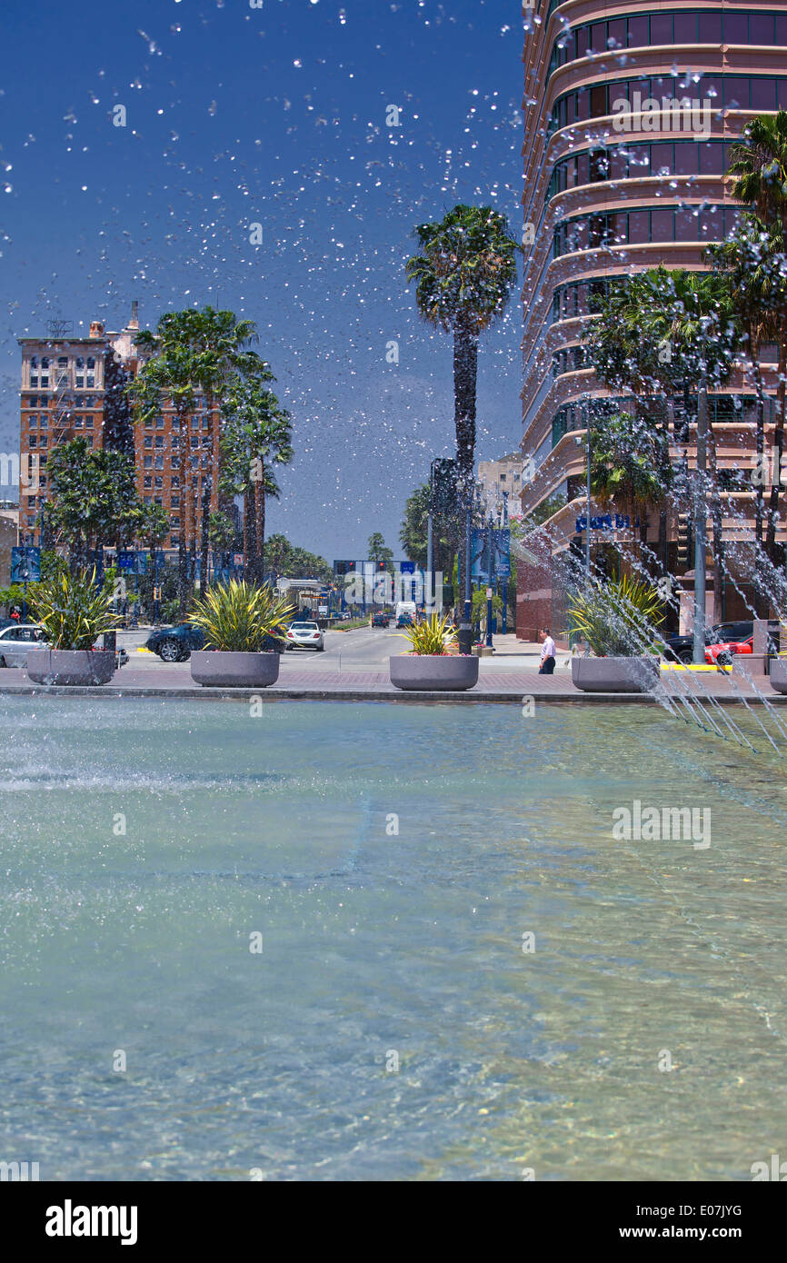 Fountains at the start of Long Beach Blvd, Long Beach, California. Stock Photo