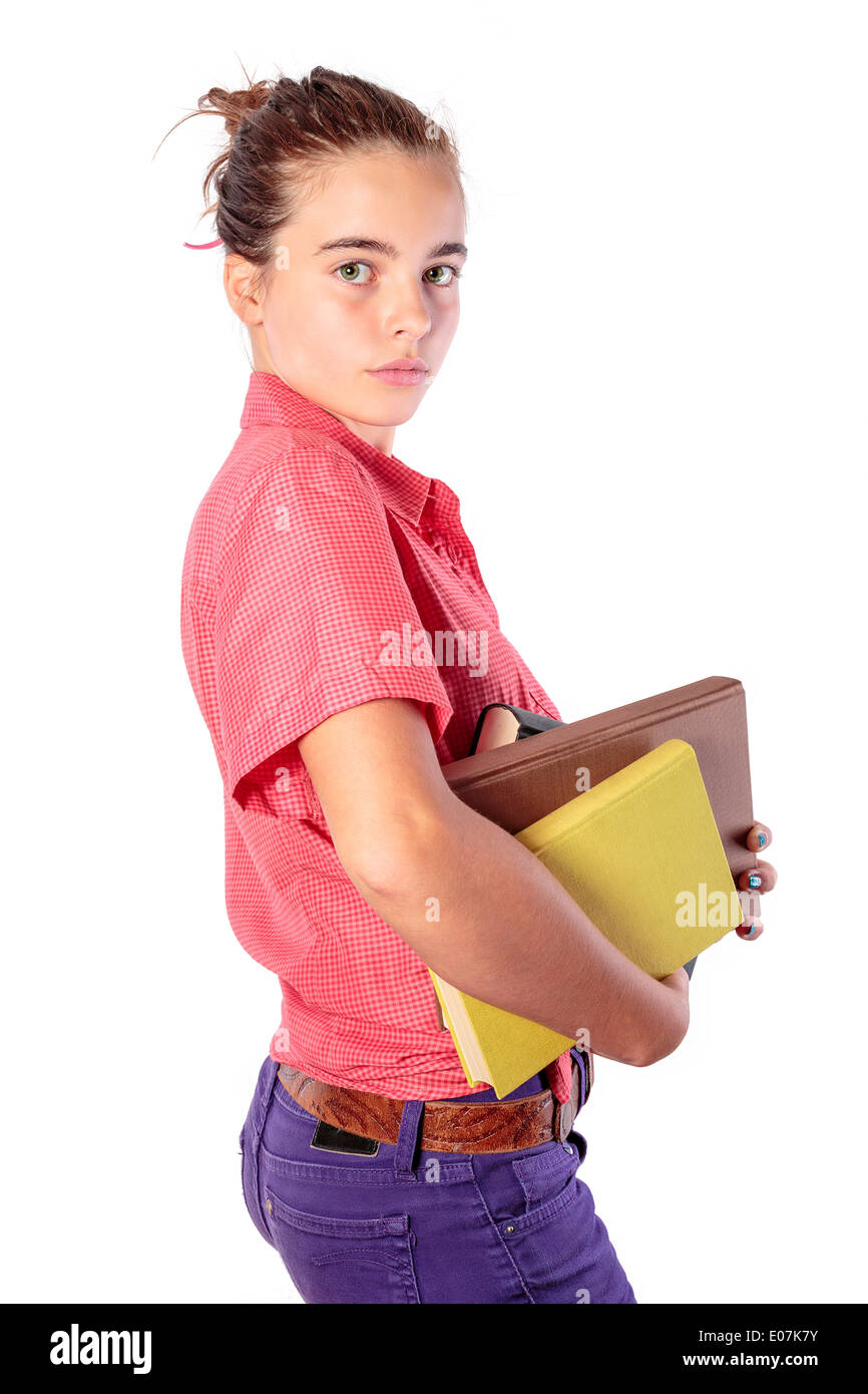 female student carrying some books, isolated on white Stock Photo - Alamy
