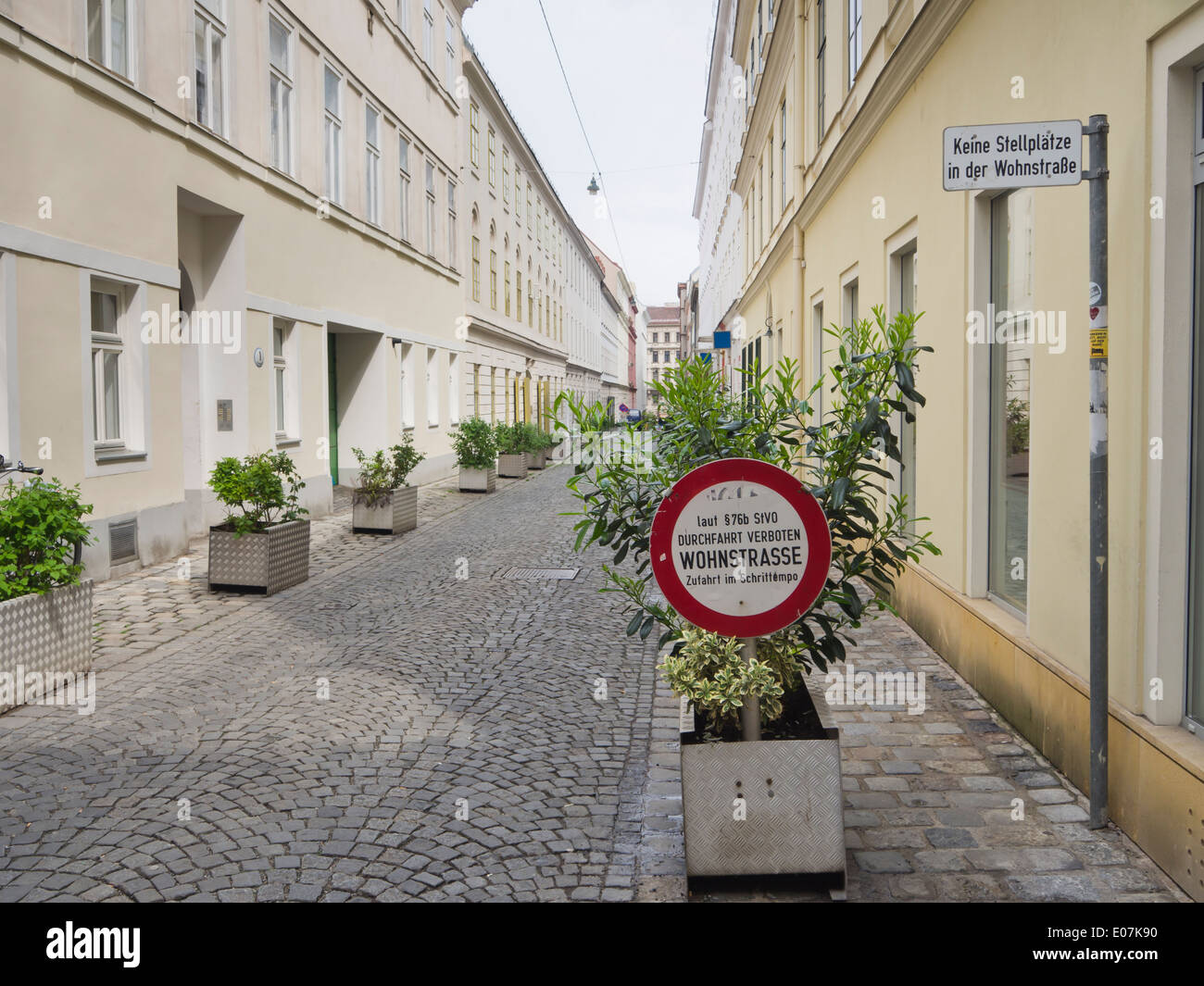 Local cobbled street in Spittelberg Neubau  Vienna Austria, traffic sign forbidding traffic to others than residents Stock Photo