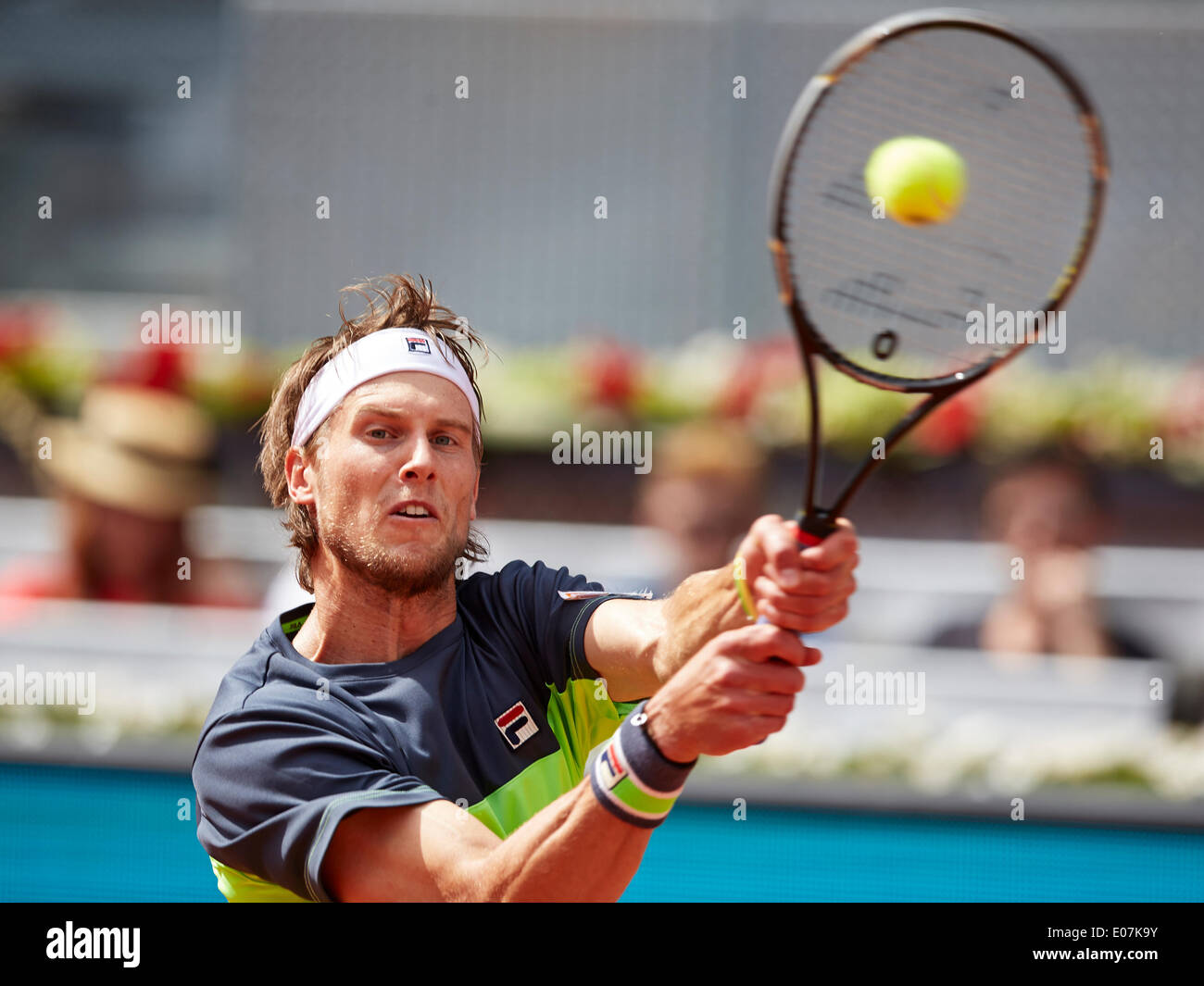 Madrid, Spain. 05th May, 2014. Andreas Seppi of Italy plays a double handed backhand during the game with Fernando Verdasco of Spain on day 2 of the Madrid Open from La Caja Magica. Credit:  Action Plus Sports/Alamy Live News Stock Photo