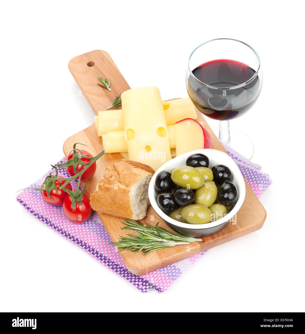 Red wine with cheese, bread, olives and spices. Isolated on white ...