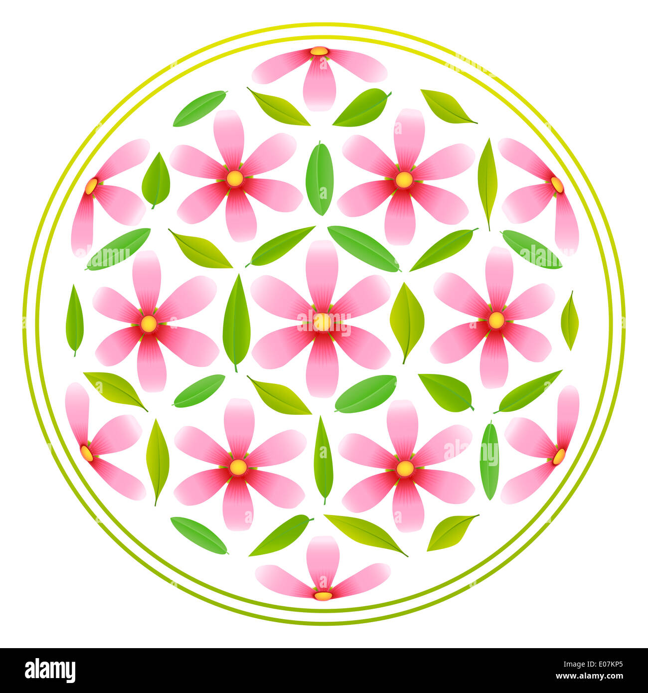 Flower-of-life-Symbol composed of pink flowers and green leaves. Stock Photo