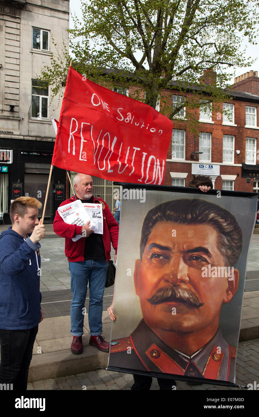 Salford, Manchester, UK  5th May, 2014. 'Hands of the NHS' and picture poster of Stalin, russia, communism, general at Salford's annual May Day Rally. Trades Union Councils organized this year’s May Day event in Manchester, with the message `A Better Future for All Our Communities' to celebrate international workers day. Stock Photo