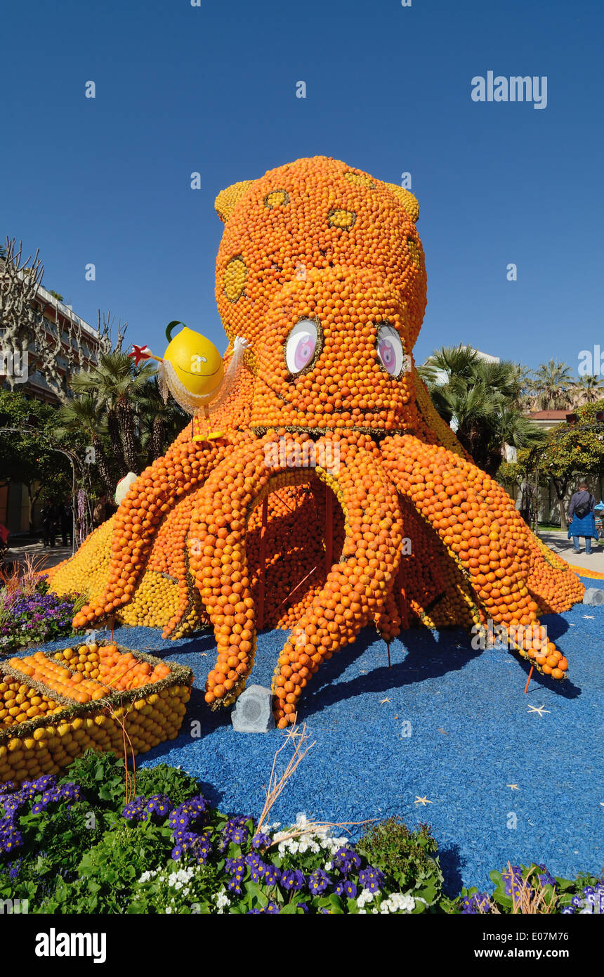 Giant Octopus or Giant Squid Sculpture made from Oranges at the Annual Lemon Festival or Fête du Citron Menton Alpes-Maritimes France Stock Photo