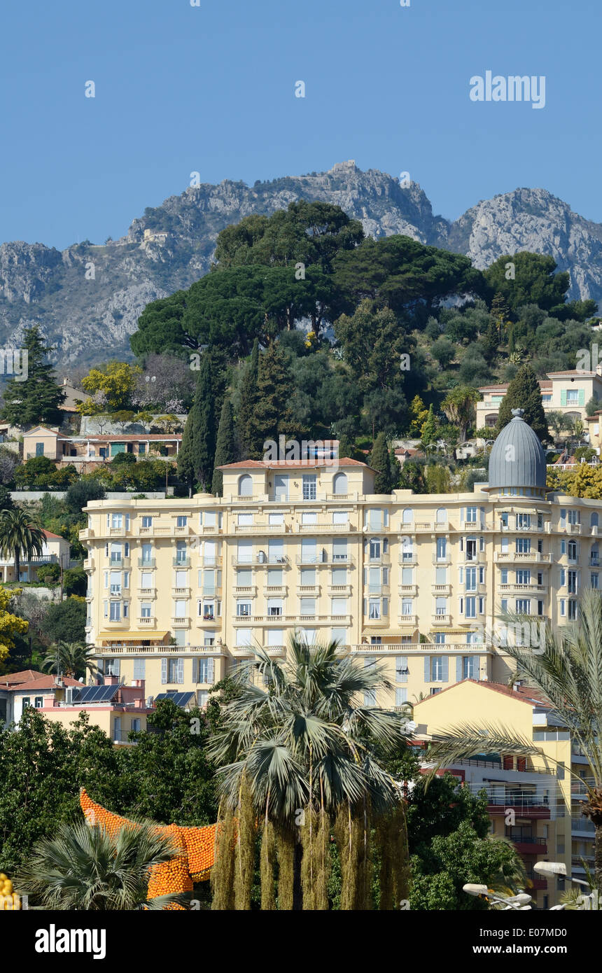 Belle Epoch or Belle Epoque Architecture, and Lower Alps or Rocky Hillside Behind Menton Alpes-Maritimes France Stock Photo