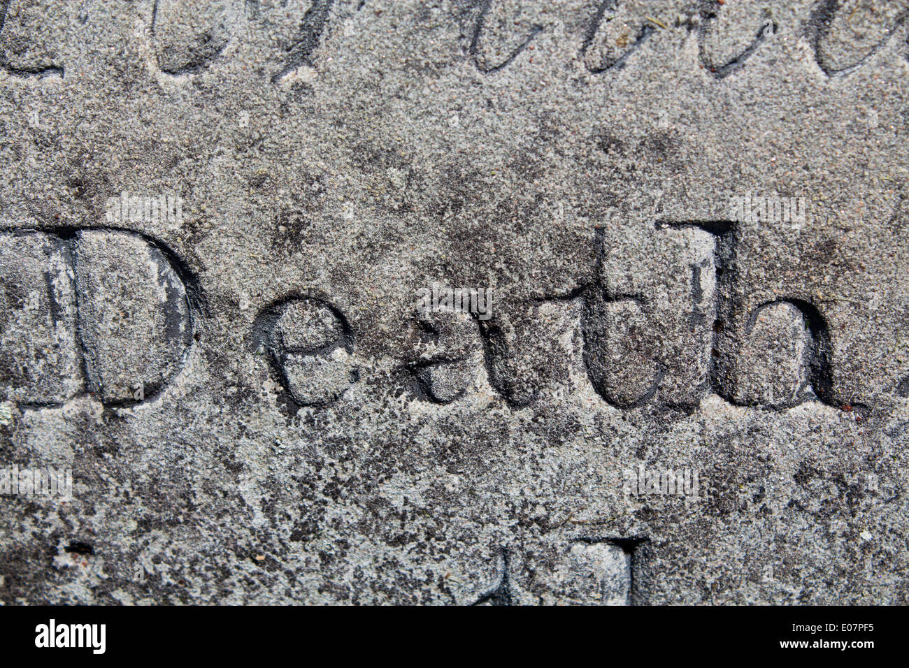 'Death' the word is part of an inscription on a 19th century gravestone in a churchyard somewhere in Mid Wales UK Stock Photo