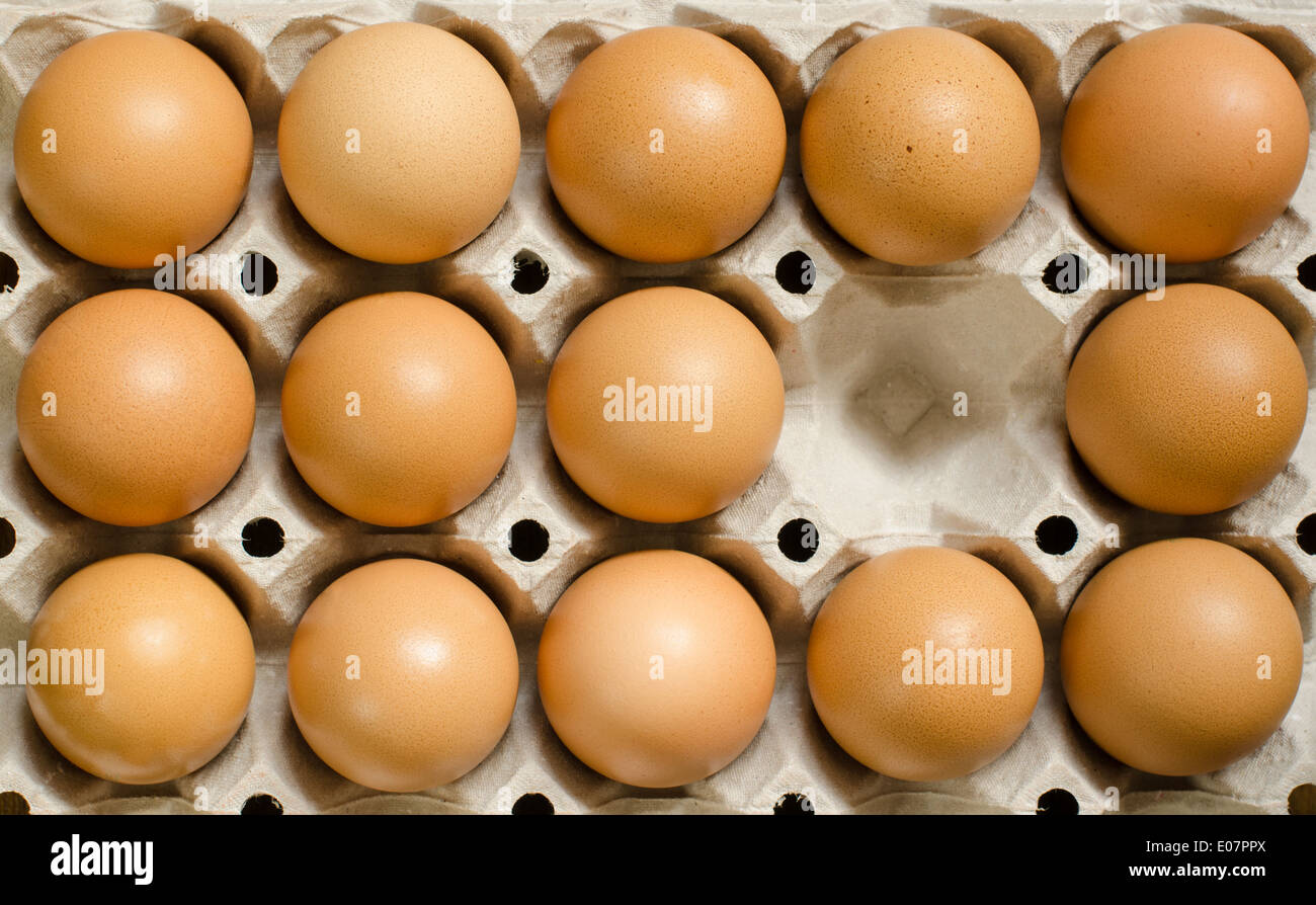 Brown eggs in a carton with an empty cell Stock Photo