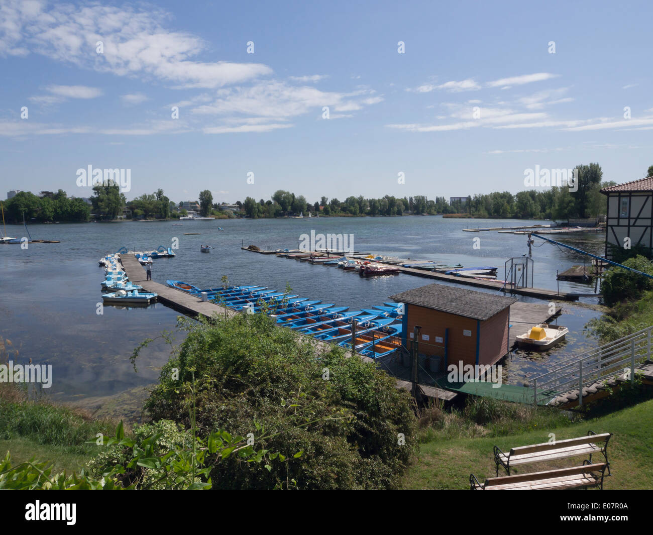 Alte Donau, or Old Danube,in Vienna Austria a lake for swimming, boating, strolling recreation and refreshments in the sun Stock Photo