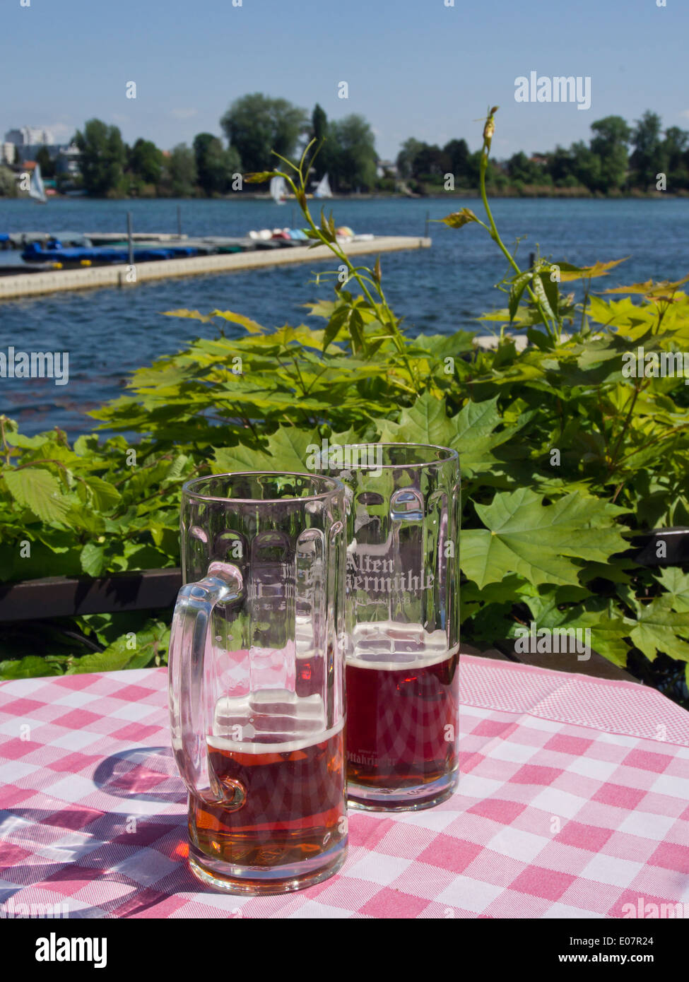 Alte Donau, or Old Danube,in Vienna Austria a lake for swimming, boating, strolling recreation and a beer or two in the sun Stock Photo