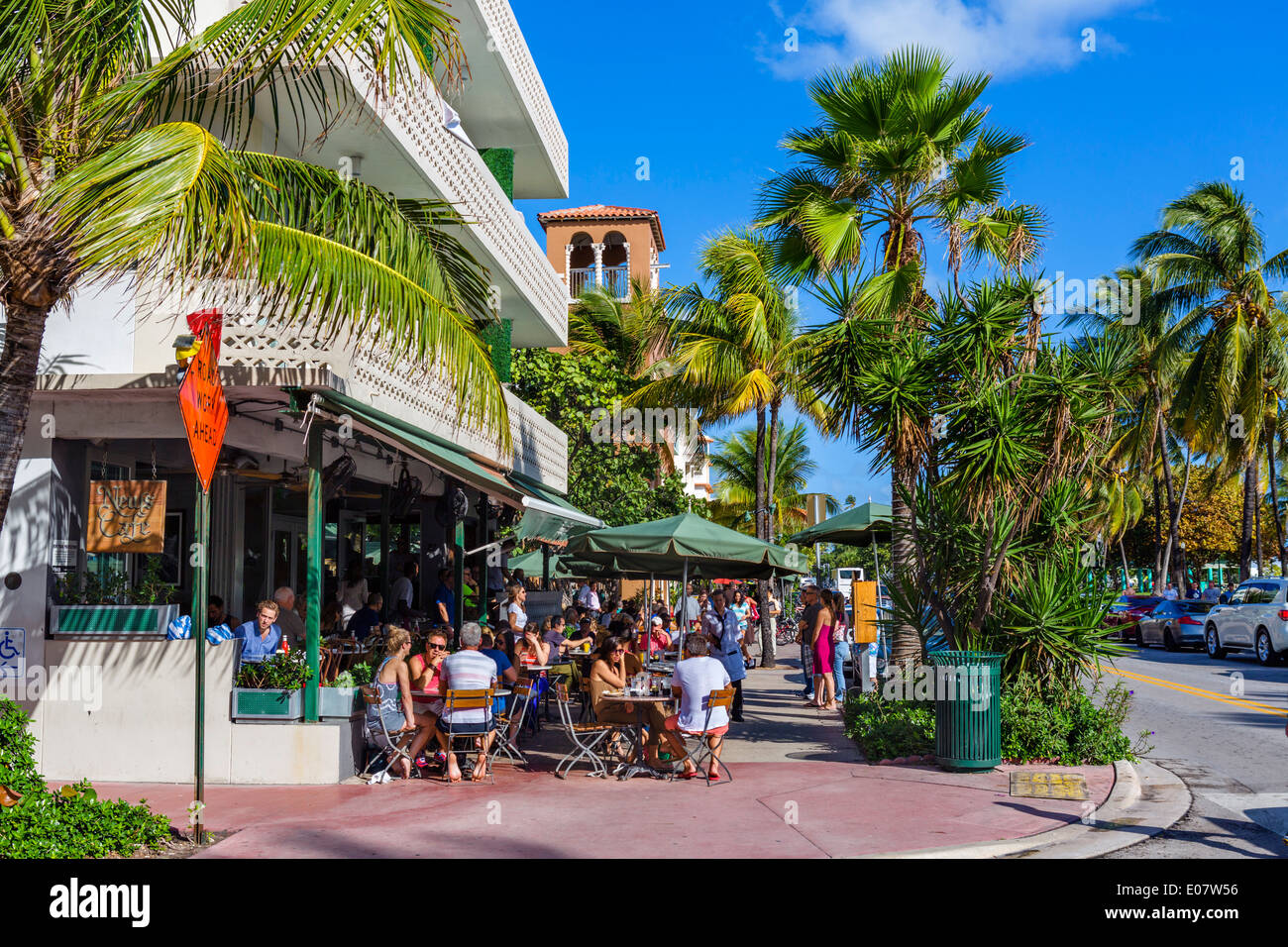 Restaurant on Ocean Drive on a Sunday morning, South Beach, Miami Beach, Florida, USA Stock Photo
