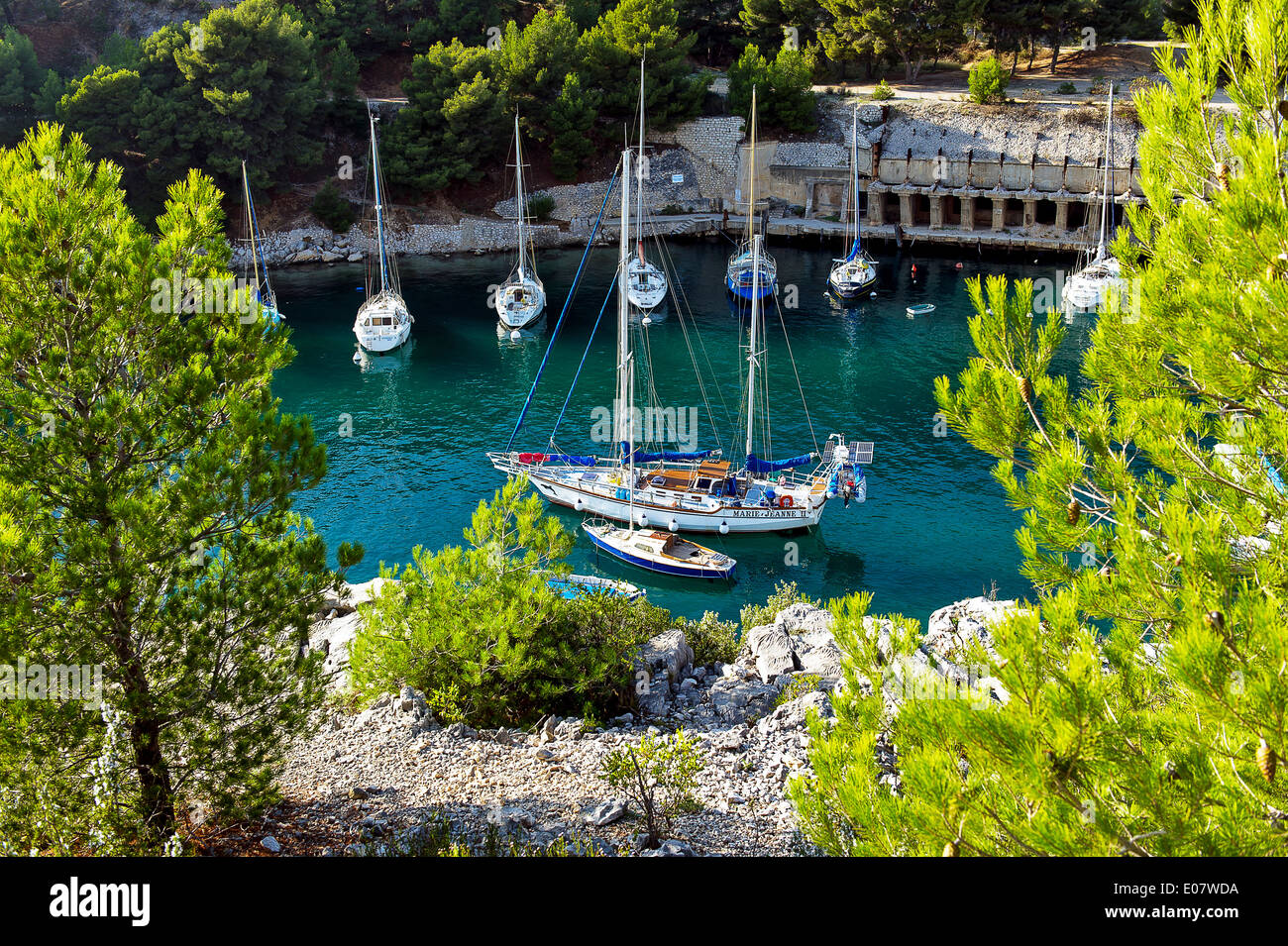 Europe, France, Bouche-du-Rhone, Cassis. Sailboats in the Calanques of Port Miou. Stock Photo