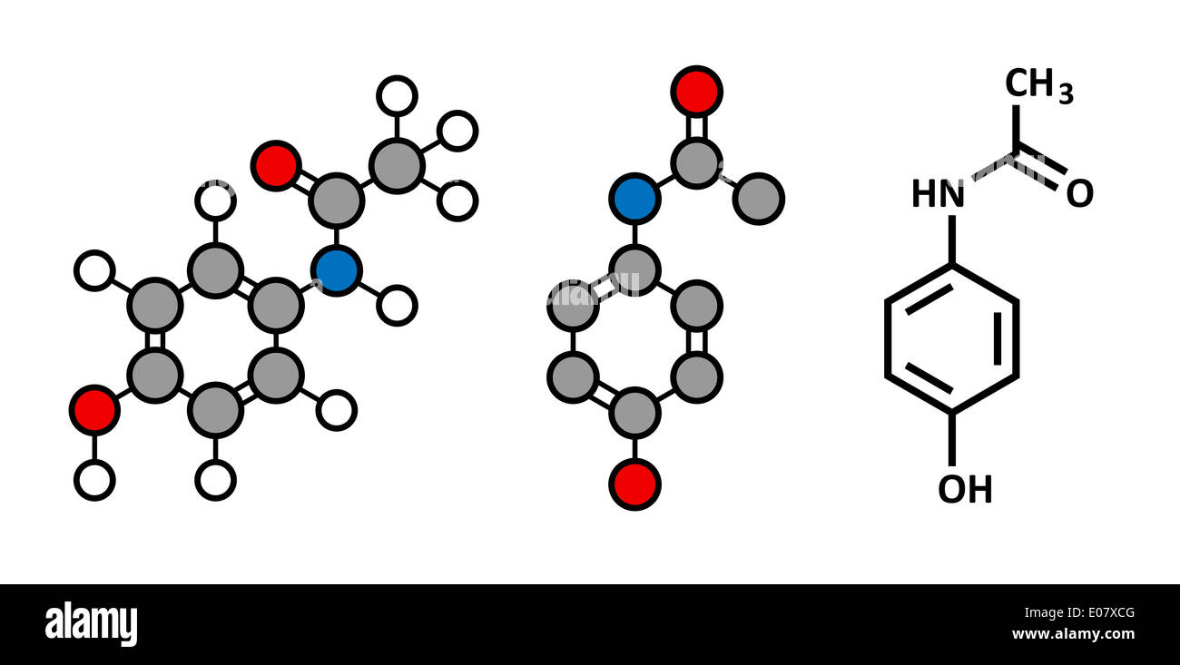 Paracetamol (acetaminophen) analgesic drug molecule. Used to reduce