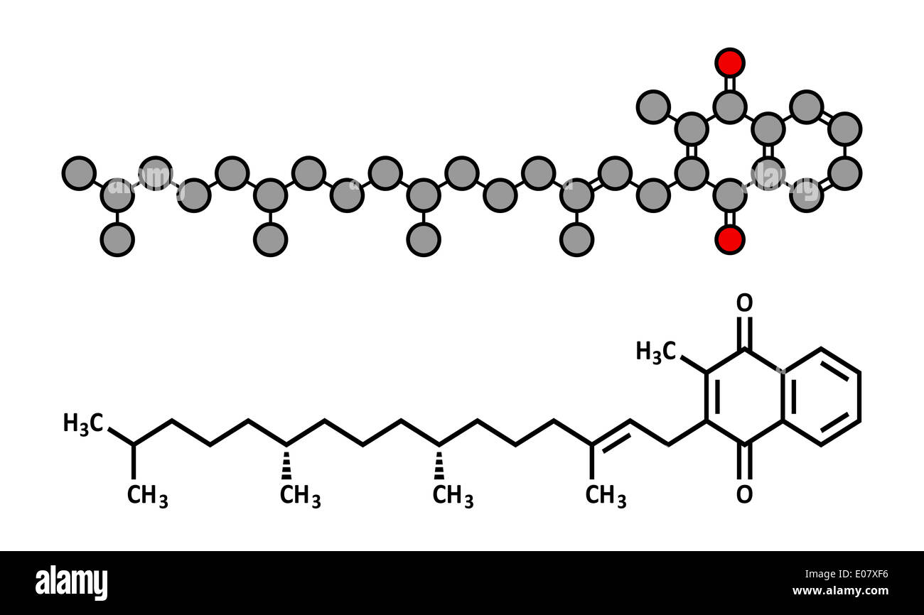 Vitamin K (K1, phylloquinone, phytomenadione) molecule. Stylized 2D rendering and conventional skeletal formula. Stock Photo