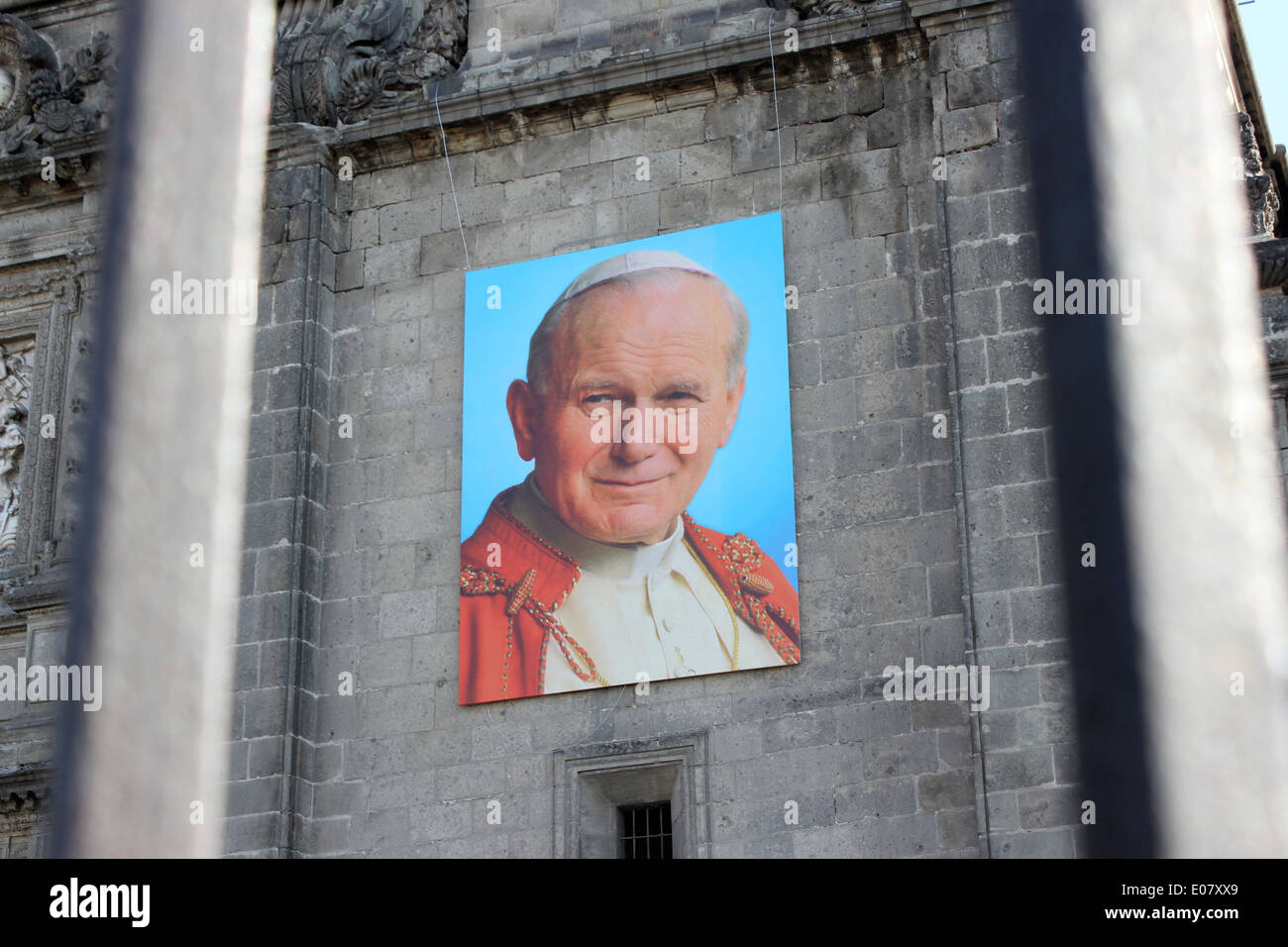 Giant photo of Pope John Paul II on the occasion of him being made a saint in May 2014, outside the Cathedral in Mexico City Stock Photo