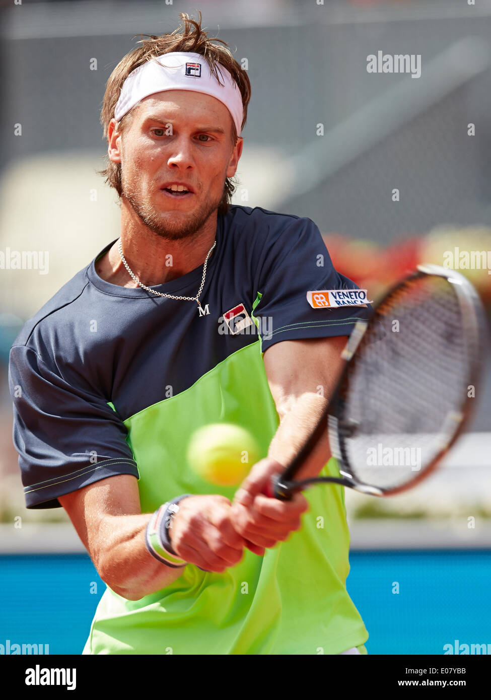 Madrid, Spain. 05th May, 2014. Andreas Seppi of Italy plays a two-handed backhand during the game with Fernando Verdasco of Spain on day 2 of the Madrid Open from La Caja Magica. Credit:  Action Plus Sports/Alamy Live News Stock Photo