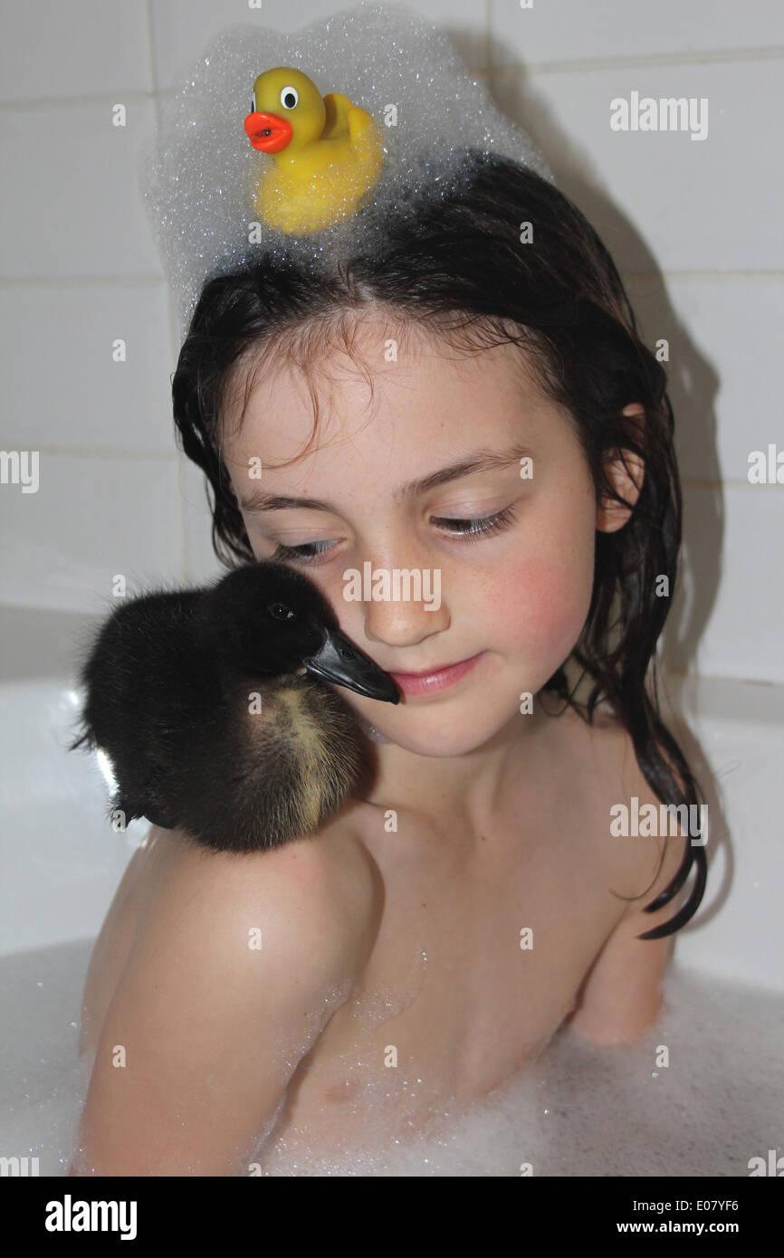 Girl and her real pet Cayuga duckling having a bath, duckling sitting on girls shoulder, bath time, UK Stock Photo