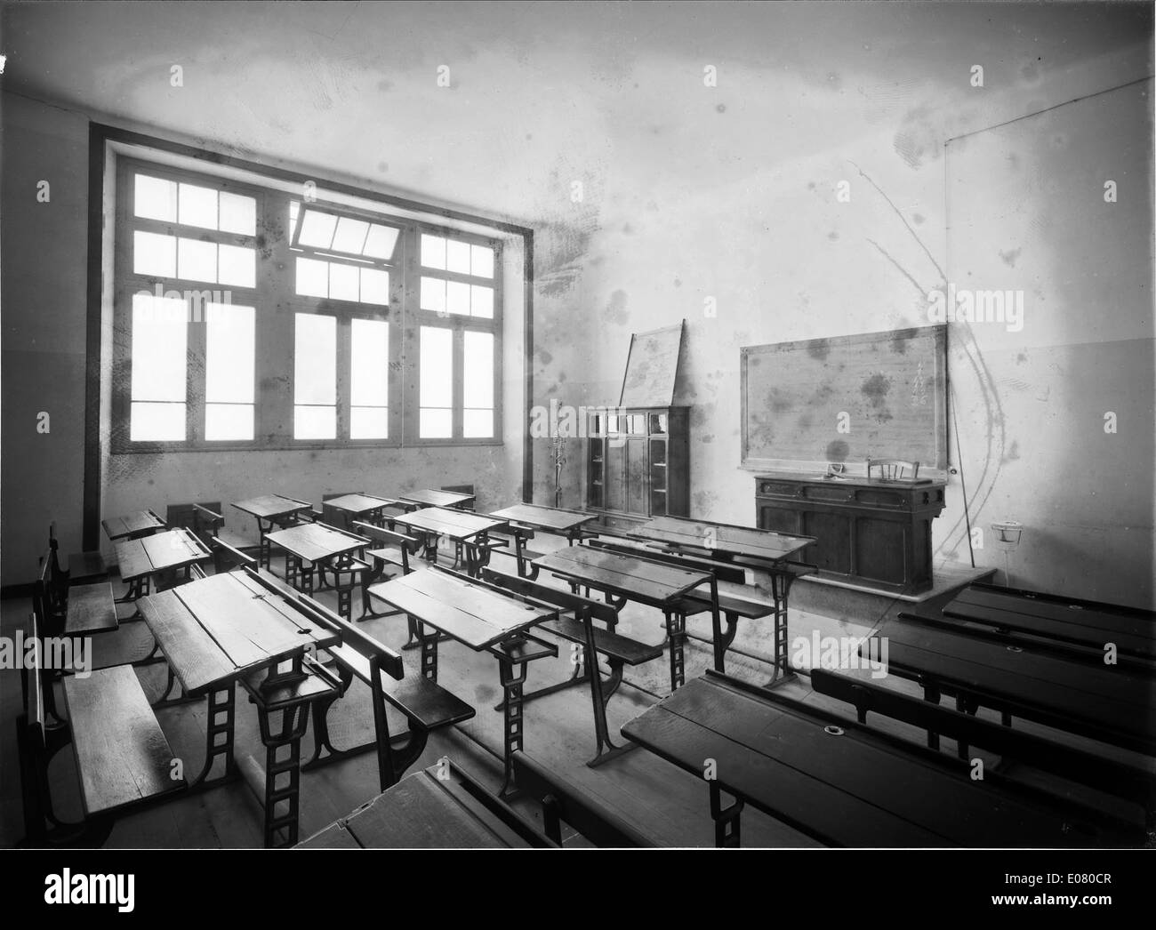 Photograph of the Liceu Pedro Nunes in Lisbon, Portugal, featuring a classroom setting with the architectural design of the building. Stock Photo