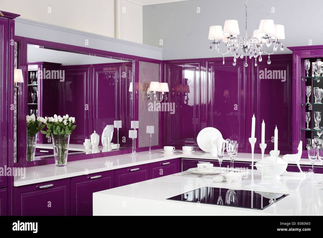 Luxury Purple Kitchen Interior With Modern Furniture Stock