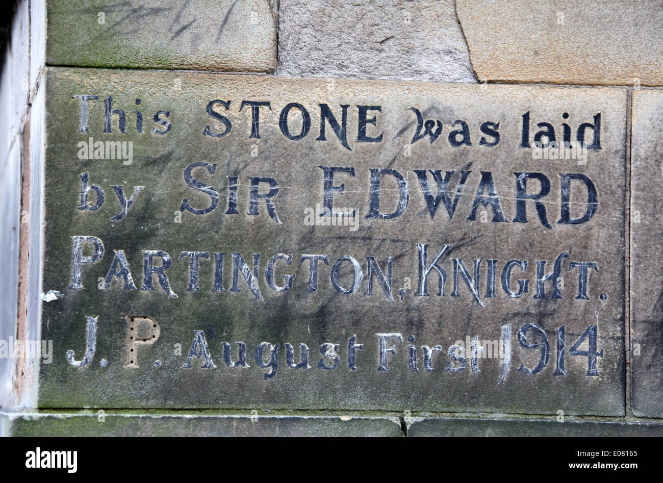 Foundation stone laid in 1914 by Sir Edward Partington at the Theatre and former Liberal Club building in Glossop Stock Photo