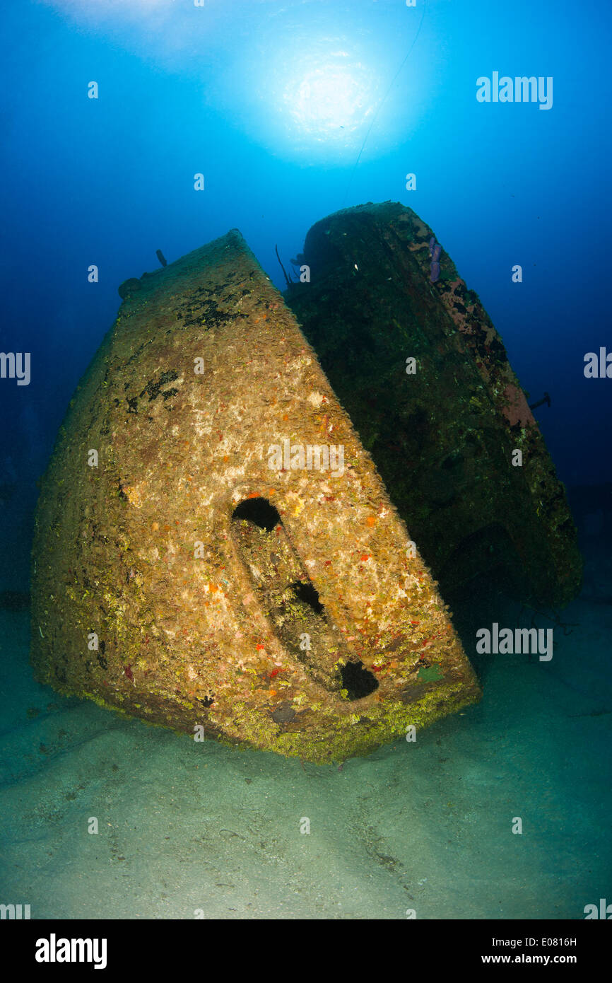 The Aguila (or Eagle) Wreck, a 75 meter cargo ship that lies in the waters off Roatan, Honduras. Stock Photo