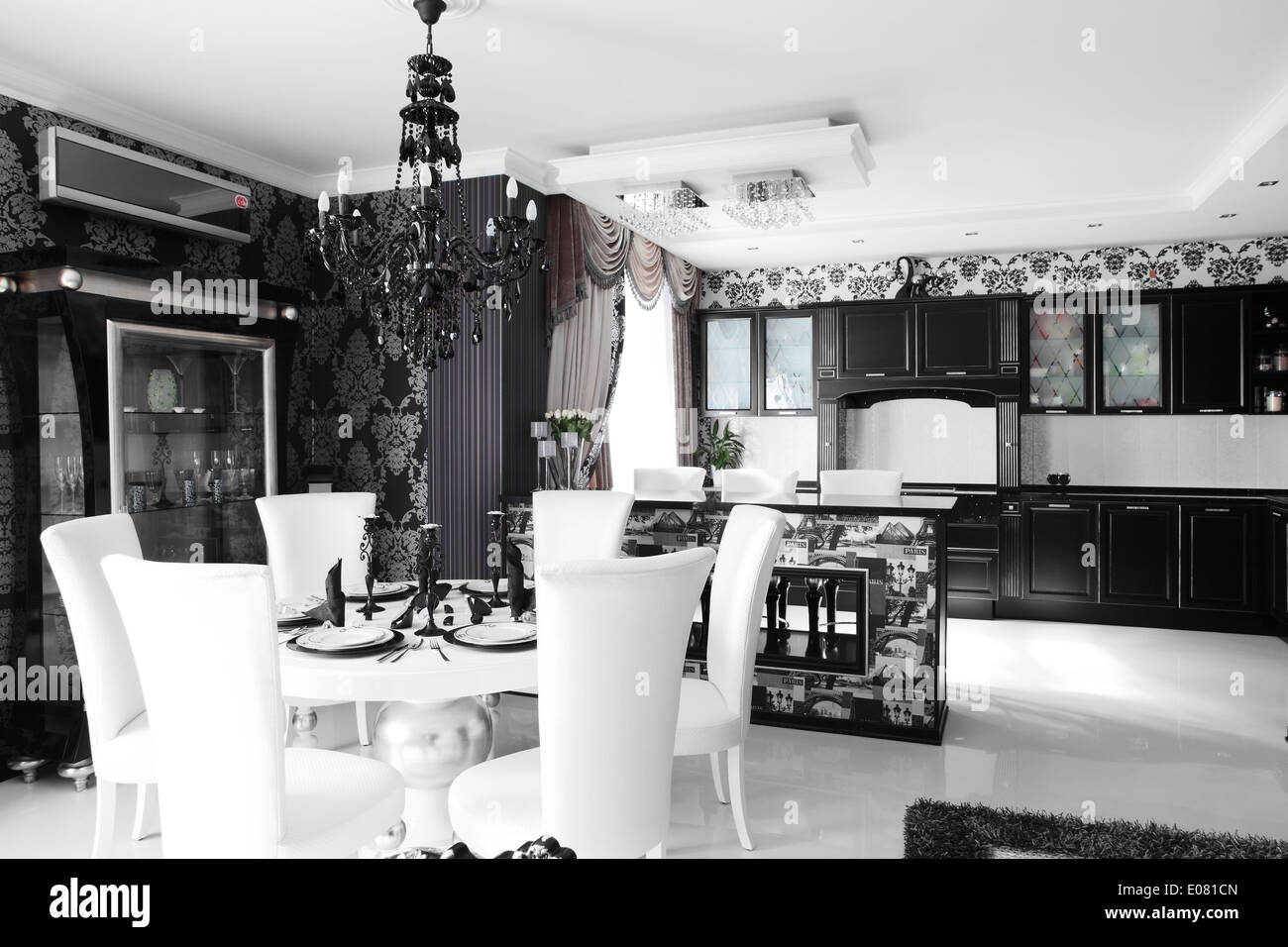 black and white luxury kitchen interior with modern furniture Stock ...