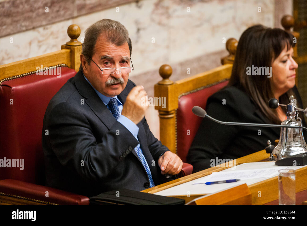 Athens, Greece, May 5th 2014:Ioannis Tragakis, President of the Greek  Parliament .The market vendors, who closed their markets stalls to protest  a government overhaul on market rules aimed at boosting competition in