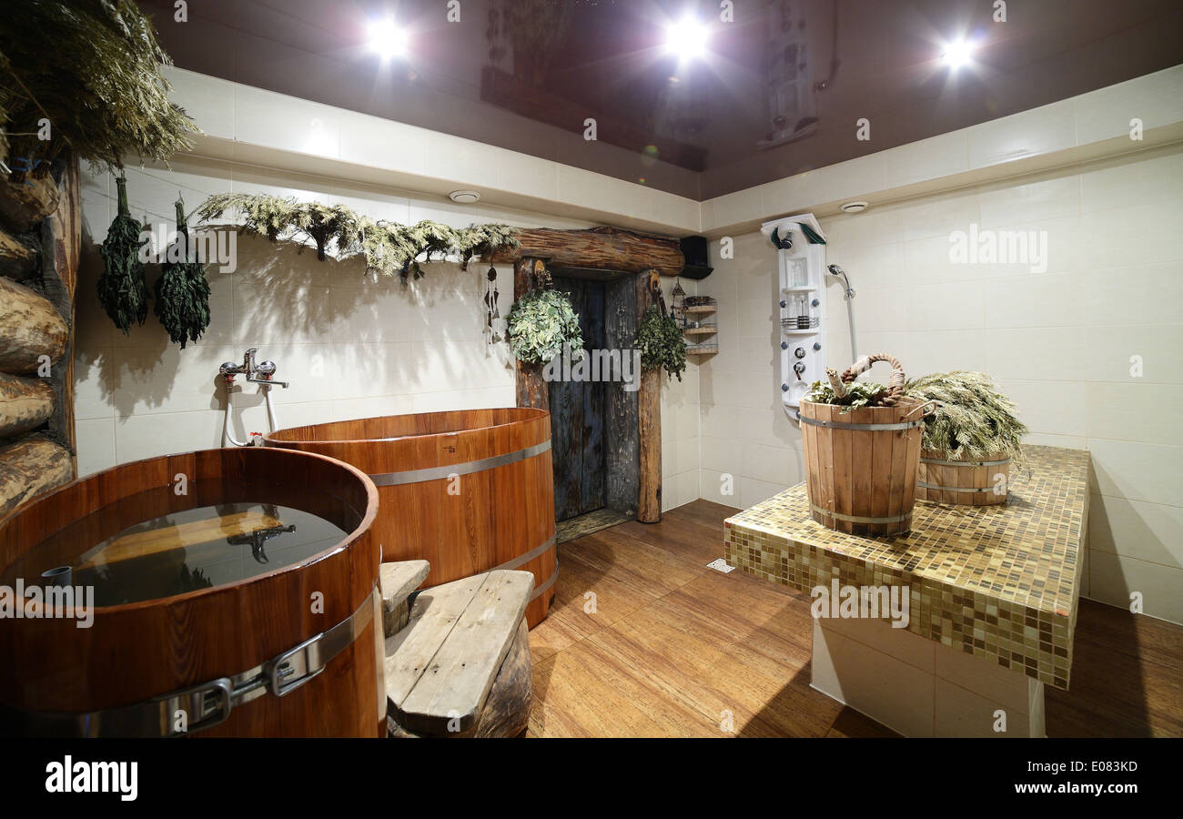 Luxury And Cute Interior Of Wooden Russian Sauna Stock Photo