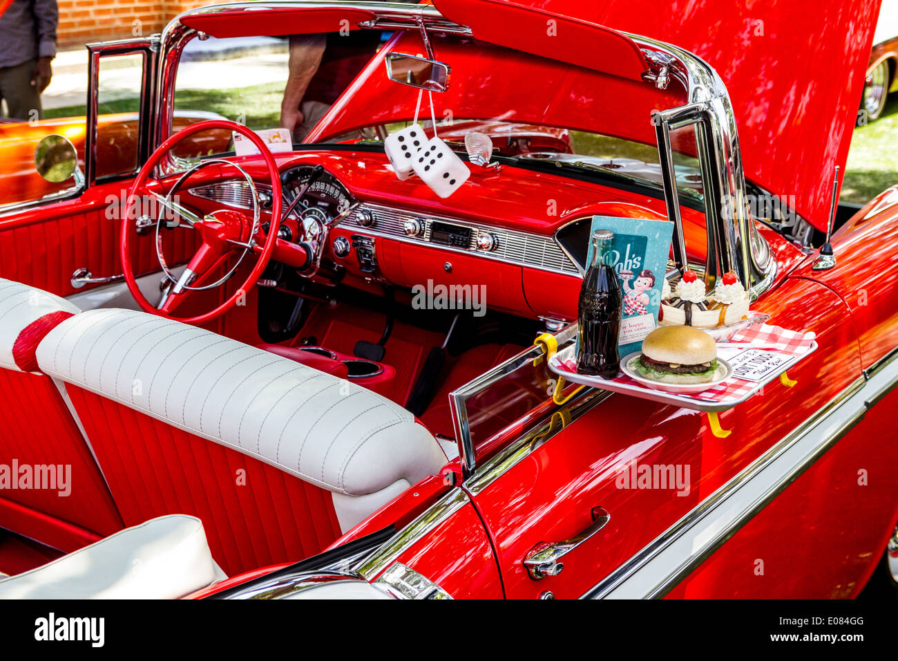 A 1957 Chevy convertible with the whole diner kit and fuzzy dice Stock Photo