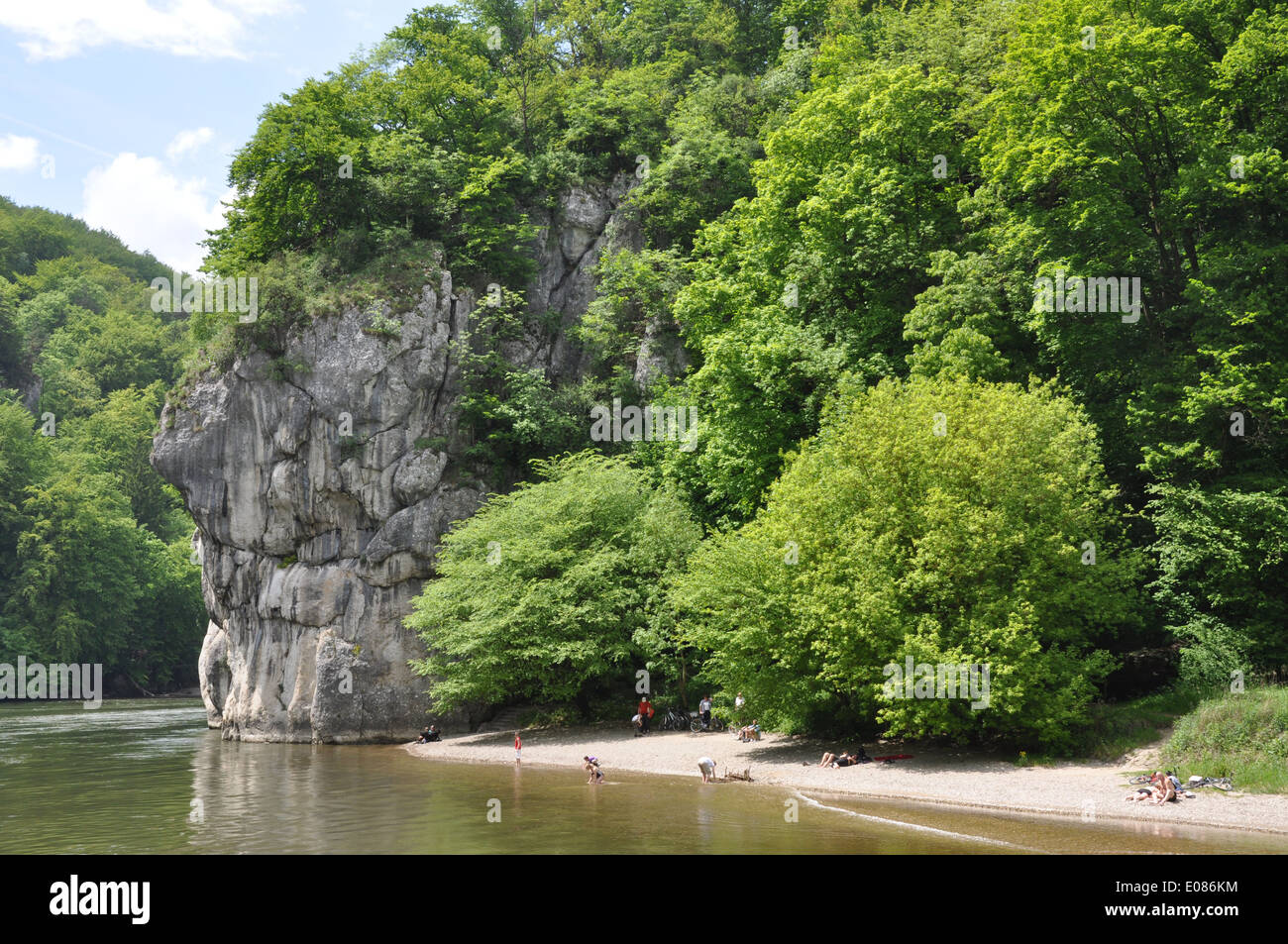 A swimming beach in the Danube Gorge, between the Weltenburg Abbey and Kelheim, on the Danube River, Bavaria, Germany. Stock Photo