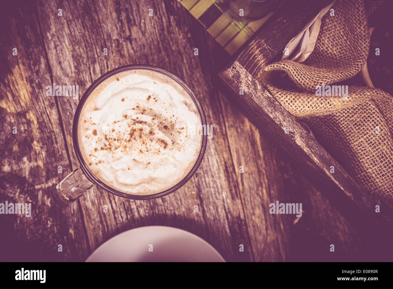 Hot Chocolate Mug Top View. Chocolate with Whipped Cream on Wooden Table. Stock Photo