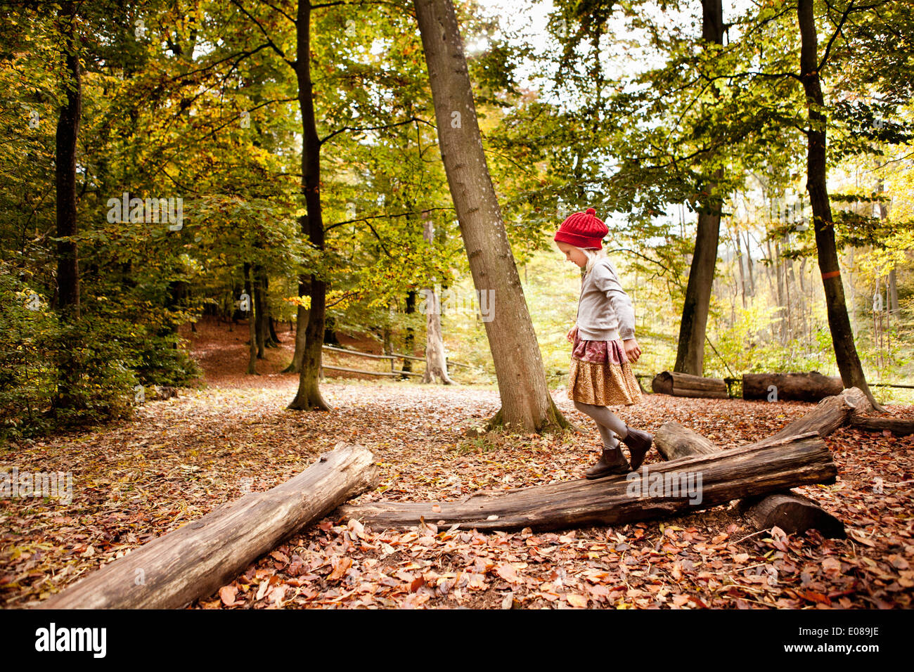 Full length of girl walking on log in forest Stock Photo