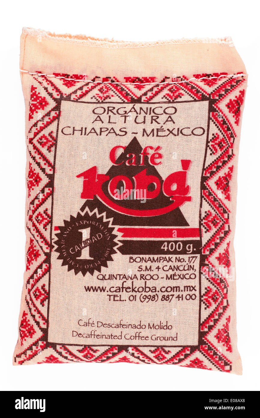 Cafe Toba 400 gram organic decaffeinated ground coffee in a hessian cloth bag Stock Photo