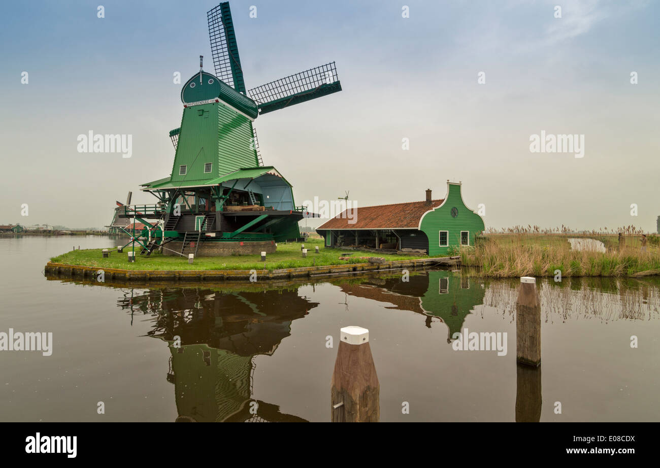 GREEN WINDMILL AND OLD  HOUSE ON THE CANAL AT ZAANSE SCHANS HOLLAND IN SPRINGTIME Stock Photo