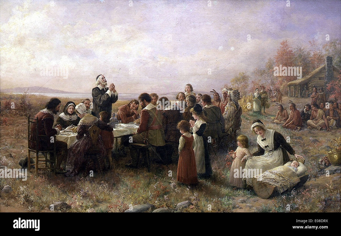 The First Thanksgiving Day, Plymouth, America 1621 Stock Photo