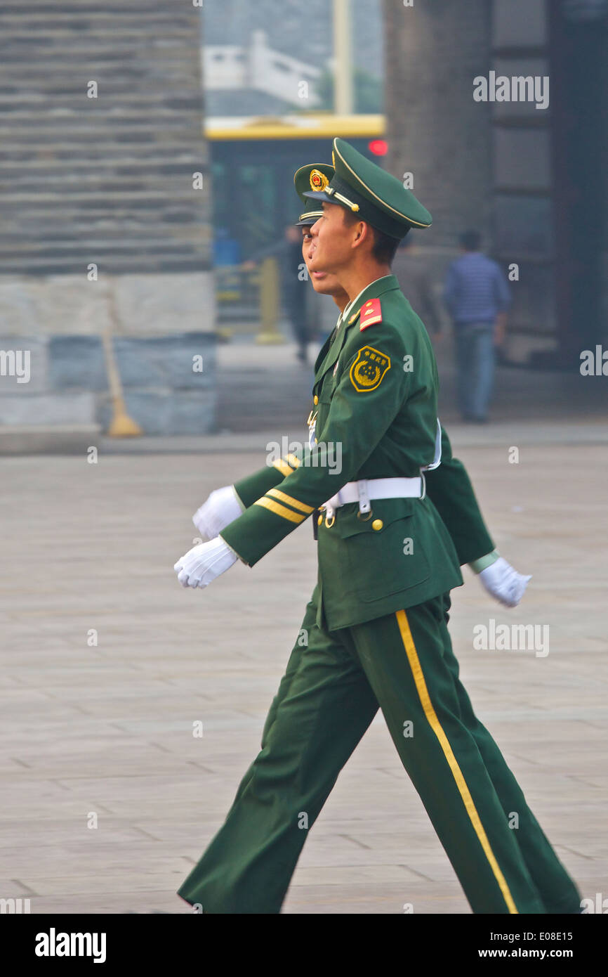 Two People's Liberation Army Soldiers Marching near Tiananmen Square, Beijing. Stock Photo