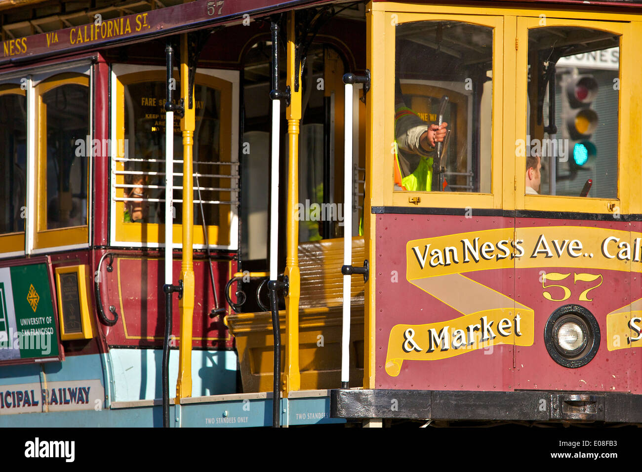 Iconic San Francisco Cable Car on Nob Hill. Stock Photo