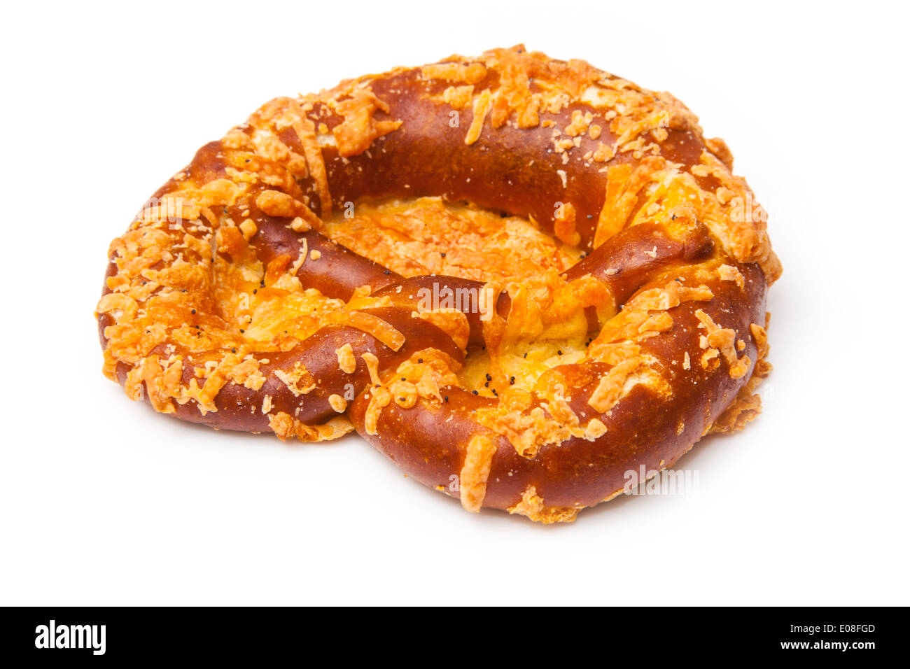 Cheese coated pretzel isolated on a white studio background. Stock Photo