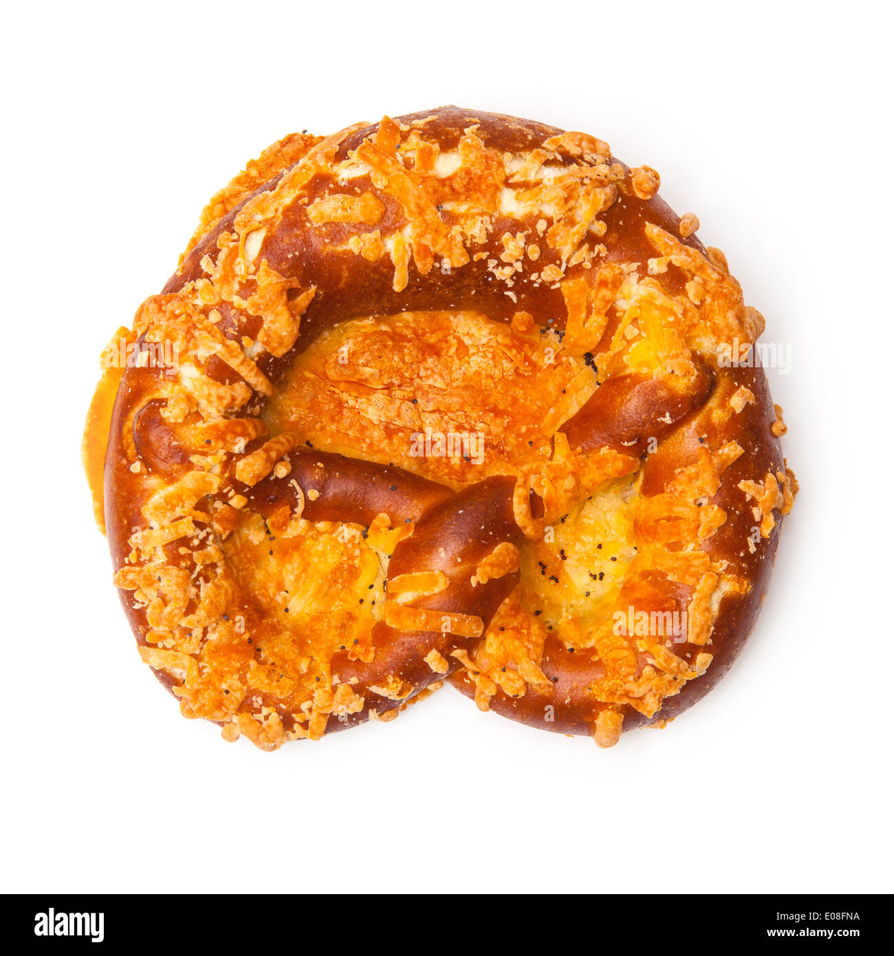 Cheese coated pretzel isolated on a white studio background. Stock Photo