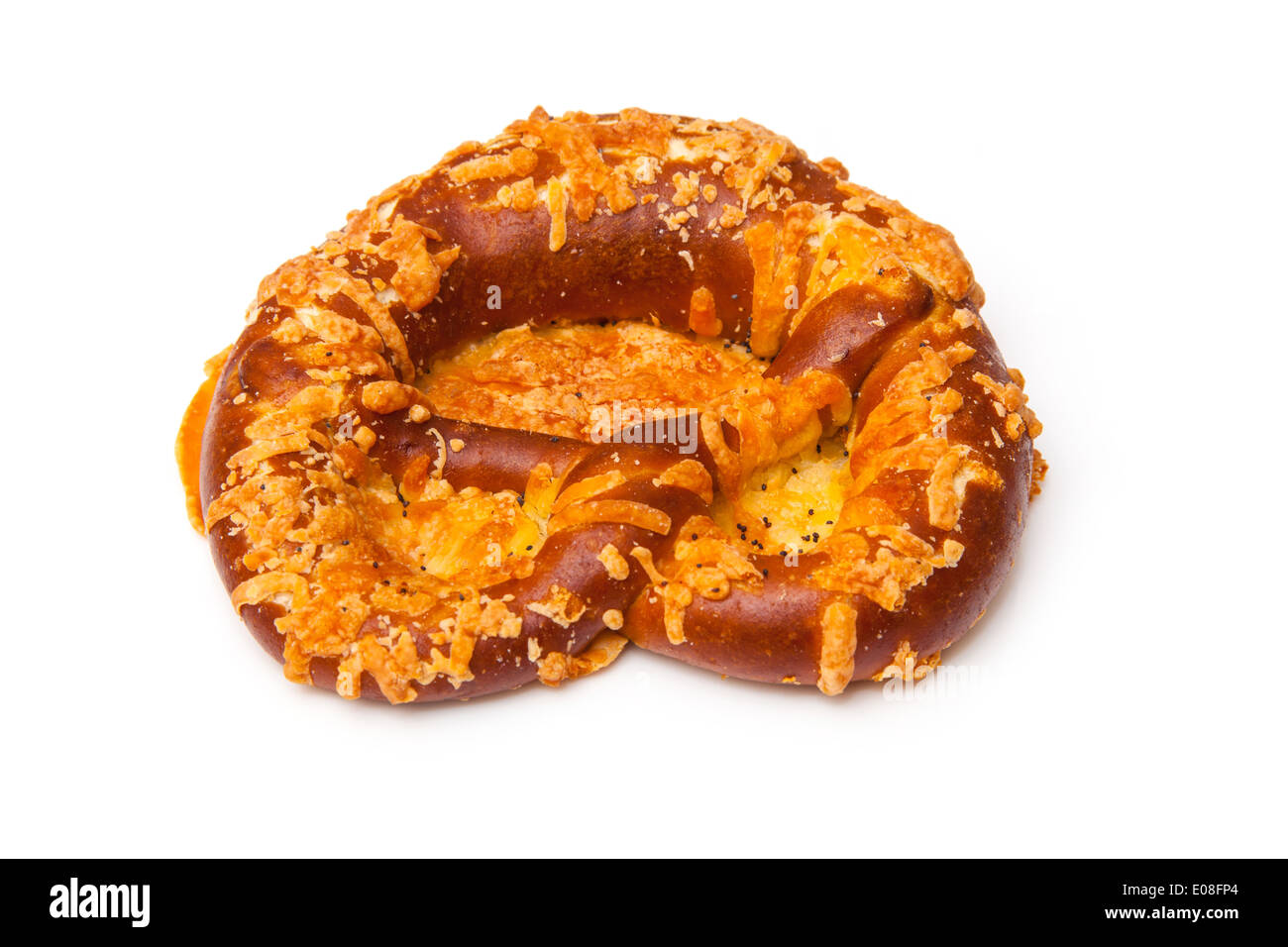 Cheese coated pretzel isolated on a white studio background. Stock Photo