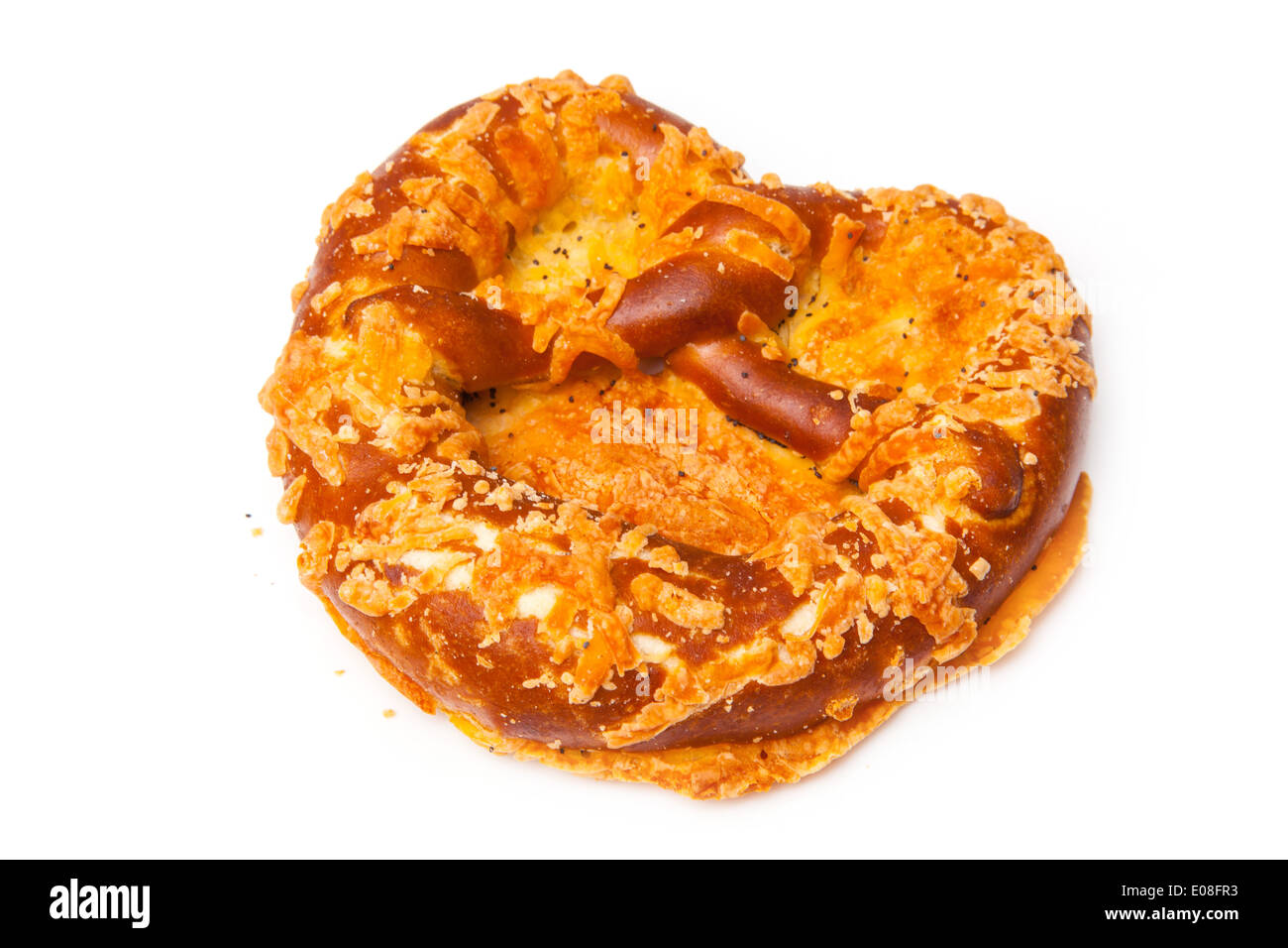 Cheese coated pretzel isolated on a white studio background. Stock Photo