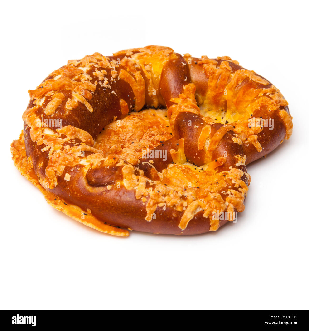 Cheese coated pretzel isolated on a white studio background. Stock Photo