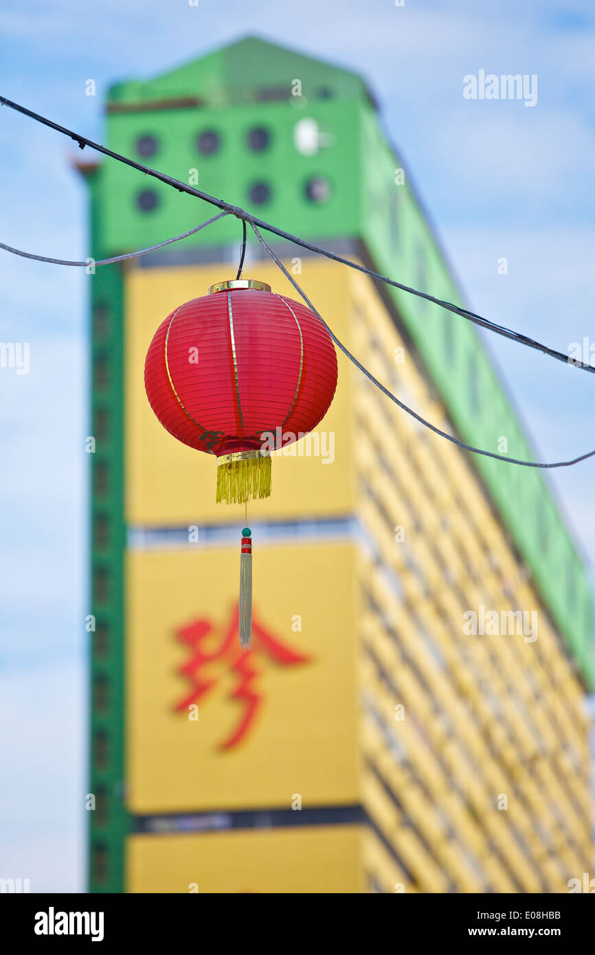 A Traditional Chinese Red Paper Lantern Hangs Over Chinatown, Block 32, A Large Social Housing