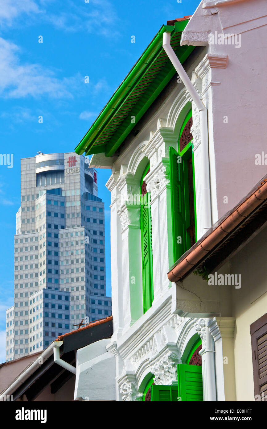 Colonial Style and Contemporary Designs Contrast In Singapore. Stock Photo