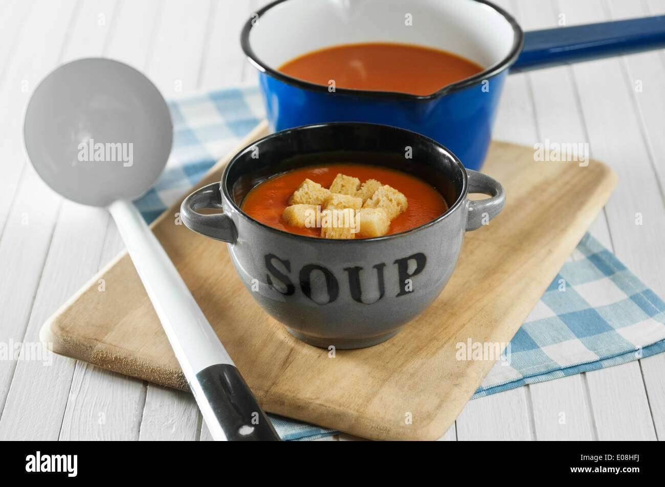 Tomato soup with croutons Stock Photo